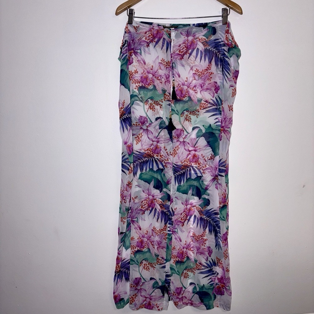 Tommy Bahama Hawaii Linen Aloha Print Wide Leg Pants Sz Lg Bathing Suit Cover